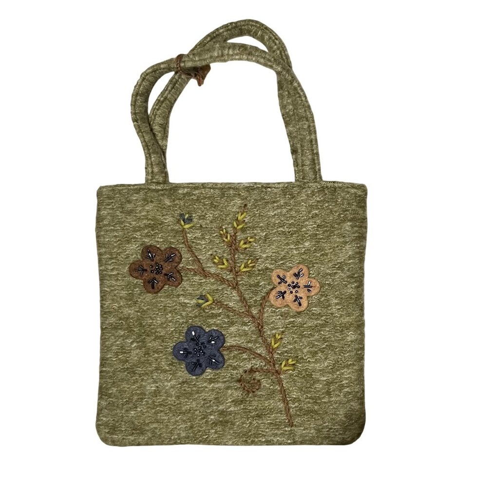 Handcrafted Guess Purse Floral Small Tote Bag Embroidery Green New